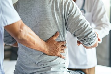 Physiotherapist assisting patient with back pain relief and posture adjustment in a clinical setting.