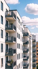 Obraz premium A modern apartment building with balconies and windows against a blue sky with clouds.