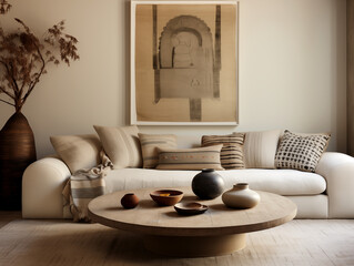 Modern nomadic interior living room. Modern tribal interior. Neutral colors and prairie style decor.