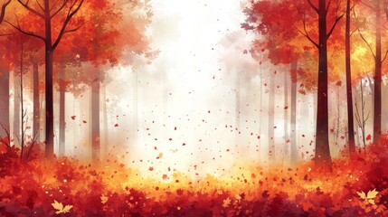 Fototapeta premium A mystical autumn forest with a glowing light in the distance, surrounded by colorful foliage and falling leaves.