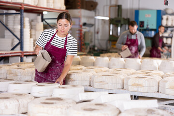 Engrossed in craft, young female potter meticulously pouring slip into molds, employing slipcasting...