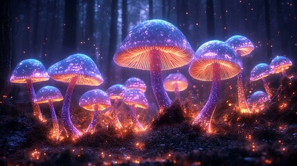 Fototapeta premium Mystical Forest Glowing Mushrooms Magical Night Bioluminescent Light Scene Photo