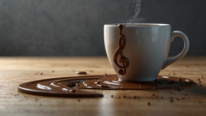 Spilled hot chocolate cup creating music notes and symbols. Enjoyment and peace concept. Music idea. Copy space.