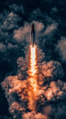 A rocket launches into the sky, leaving a trail of smoke and fire.