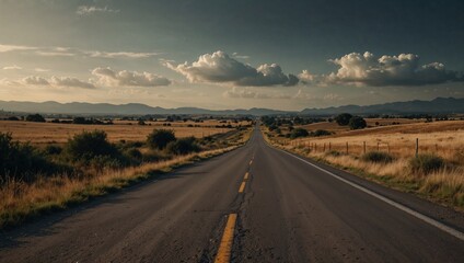 Landscape of a long road leading to a distance. Path to success or personal growth concept. Copy space for text.