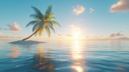 Fototapeta premium A single palm tree stands on a small island in the middle of a calm ocean at sunset.