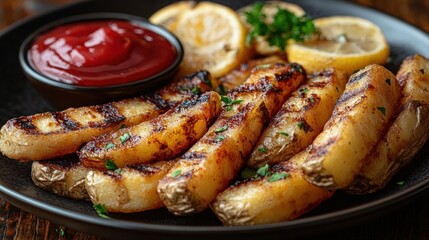 Grilled potato wedges with ketchup and lemon.