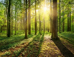 Fototapeta premium Silent Forest in spring with beautiful bright sun rays