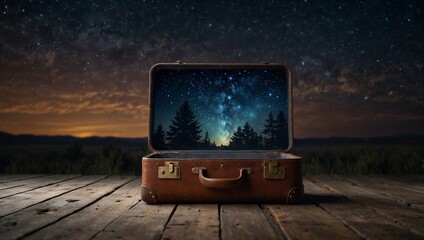 Vintage leather suitcase with a celestial view inside. Travel and exploration concept. Imagination idea. Copy space.