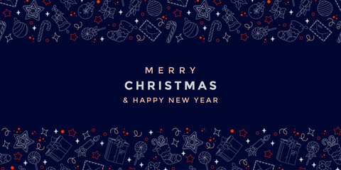 Christmas banner with outline symbols of xmas and New Year celebration. Season greeting on dark blue background. Vector illustration