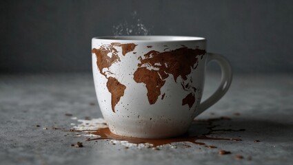 Spilled coffee cup creating a World map. Exploration and travel concept. Holidays idea. Copy space.