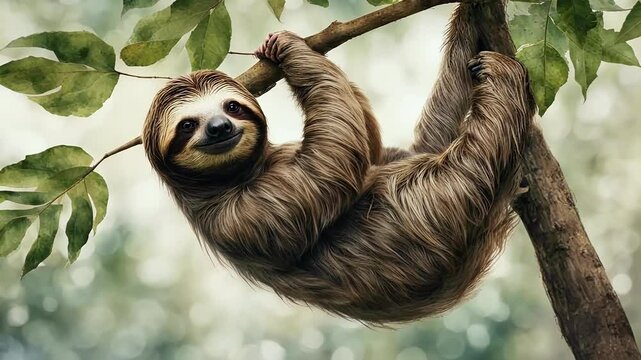 drawing painting mammal hanging fur sloth branches leaf watercolor branch leaves animal wildlife sitting nature plant art