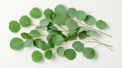 Obraz premium Soft-focus macro of eucalyptus leaves, arranged on light grey with empty space, delicate and minimal for eco-friendly product displays