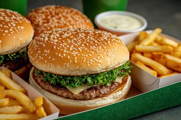 Delicious Gourmet Burgers with Fresh Lettuce, Cheese, and Crispy Fries Ready to Satisfy Your Hunger