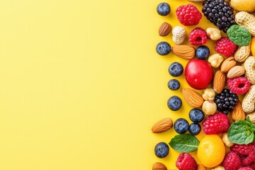 Obraz premium Vibrant Display of Fresh Fruits and Nuts on a Bright Yellow Background Creating a Colorful and Healthy Snack Arrangement