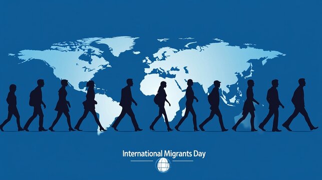 Silhouettes of People Walking Along a World Map, Highlighting Global Migration for International Migrants Day