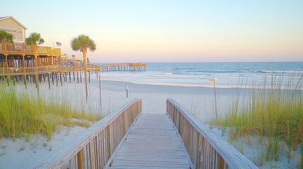 Fototapeta premium A wooden walkway leads to a sandy beach and a pier in the distance, with a palm tree and buildings in the background. The sky is a soft pink and orange color.