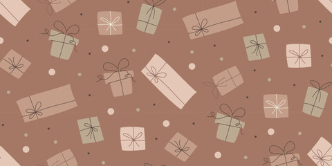 Giftbox with ribbon bowknot seamless pattern. Hand drawn elements on mocha background. Doodle vector design