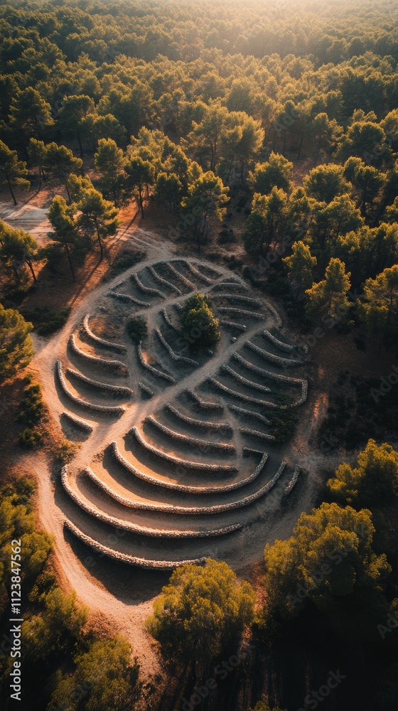 Wall mural aerial view of a circular pattern in a forest, likely an ancient structure or ceremonial site.