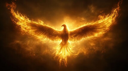 Majestic Phoenix Rising from Fiery Embers - Symbolizing Rebirth, Resilience, and Transformation Against Dark Background with Glowing Flames