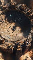Obraz premium An aerial view of a large, circular, futuristic, metal structure with a giant, empty space inside. Several small spaceships are flying around it.