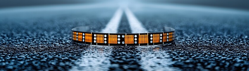 An old film strip scattered on a winding asphalt road, leading into the fog, evoking a mysterious journey into the unknown