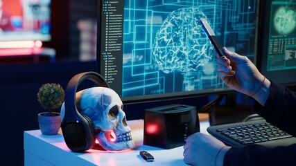 Hacker uploading sensitive data from SSD obtained from victim through ransomware virus, close up....