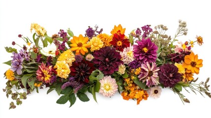 Obraz premium A vibrant, colorful arrangement of autumn flowers, including dahlias, zinnias, and wildflowers, set against a white background.
