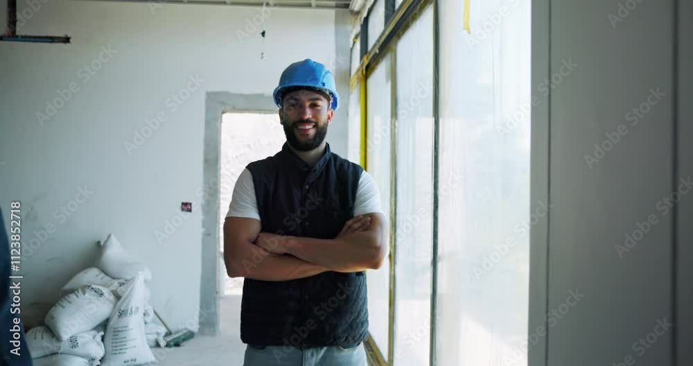 Poster builder, face and man with arms crossed for construction site progress or project management. happy,