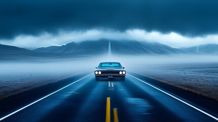Fototapeta premium Derelict car on an empty rural road, wrapped in dense mist, under menacing thunderclouds, evoking feelings of isolation and hidden danger