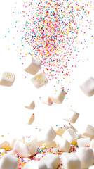 Fototapeta premium Falling Marshmallows Coated in Sprinkles Isolated on White Background, Full Depth of Field, Transparent PNG Background