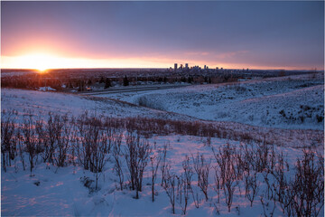 Calgary downtown at dawn on a cold and snowy morning