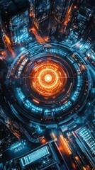 Fototapeta premium Futuristic cityscape with glowing circular structure in the center, viewed from above.