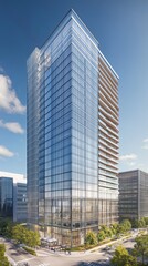 Fototapeta premium Modern skyscraper with glass facade and wood accents.