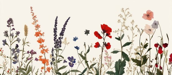 A colorful arrangement of wild flowers with pink, red, blue, and orange blooms.