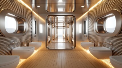 Space-efficient hostel bathroom, stainless steel details, eco-friendly toilets, oversized mirrors over sinks enhancing the minimalist aesthetic