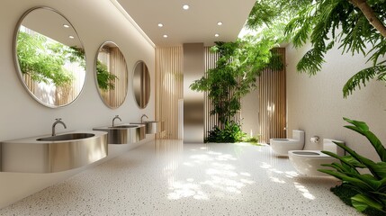 Space-efficient hostel bathroom, stainless steel details, eco-friendly toilets, oversized mirrors over sinks enhancing the minimalist aesthetic