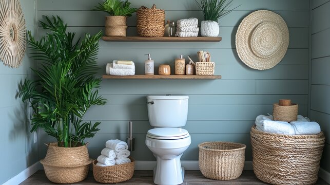 Space-saving washroom, slim shelves over toilet for decor and essentials, minimalist