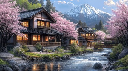 Naklejka premium Traditional Japanese village with cherry blossom trees and a mountain in the background.