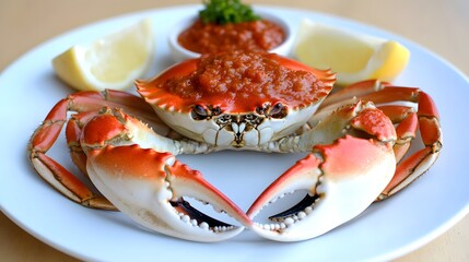 A plate of crab served with lemon wedges and a side of sauce.