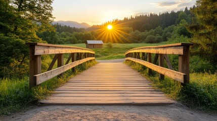 Obraz premium Wooden bridge leading to a cabin in the forest with a beautiful sunset in the background.