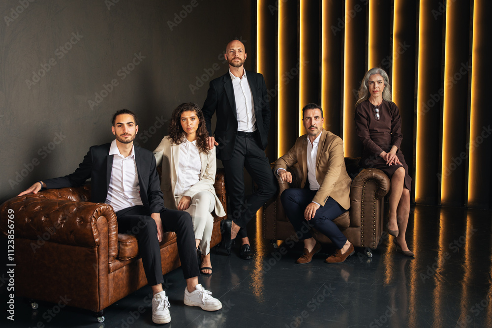 Poster a group of five european executives stands in a stylish office environment. they are dressed in prof