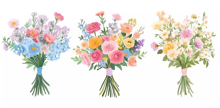 Cute cartoon vector-style flower bouquets isolated on a white background, a simple flat illustration of three different flower bouquets, cartoon vector design for a children's book