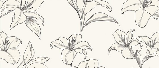 Obraz premium Elegant Seamless Pattern of Black and White Lilies, Botanical Line Art Floral Design