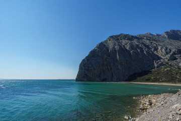 Obraz premium Rocky landscape at Limnopoulas Beach on the mediterranean sea, Kato Vasiliki, Western Greece, Greece