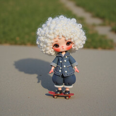 Kid girl with skate boart, doll activity concept, lifestyle