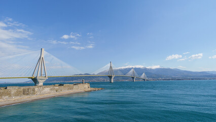 Fototapeta premium Rio-Antirrio Suspension bridge crossing Corinth Gulf strait, Patras, Peloponnese, Greece