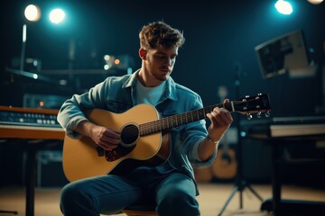 Obraz premium Young guitarist playing acoustic guitar during a studio recording session with focused lighting