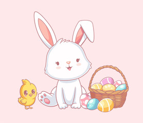 Cartoon illustration of happy bunny with Easter eggs, chickens, flowers. Kawaii hare for Eastery card, sticker, banner, package design. Vector illustration