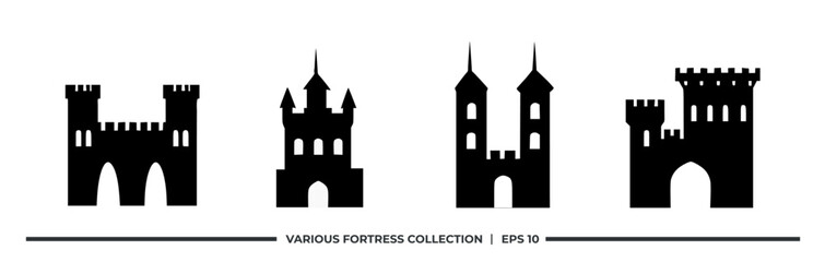 Four silhouetted fortress designs for graphic use.